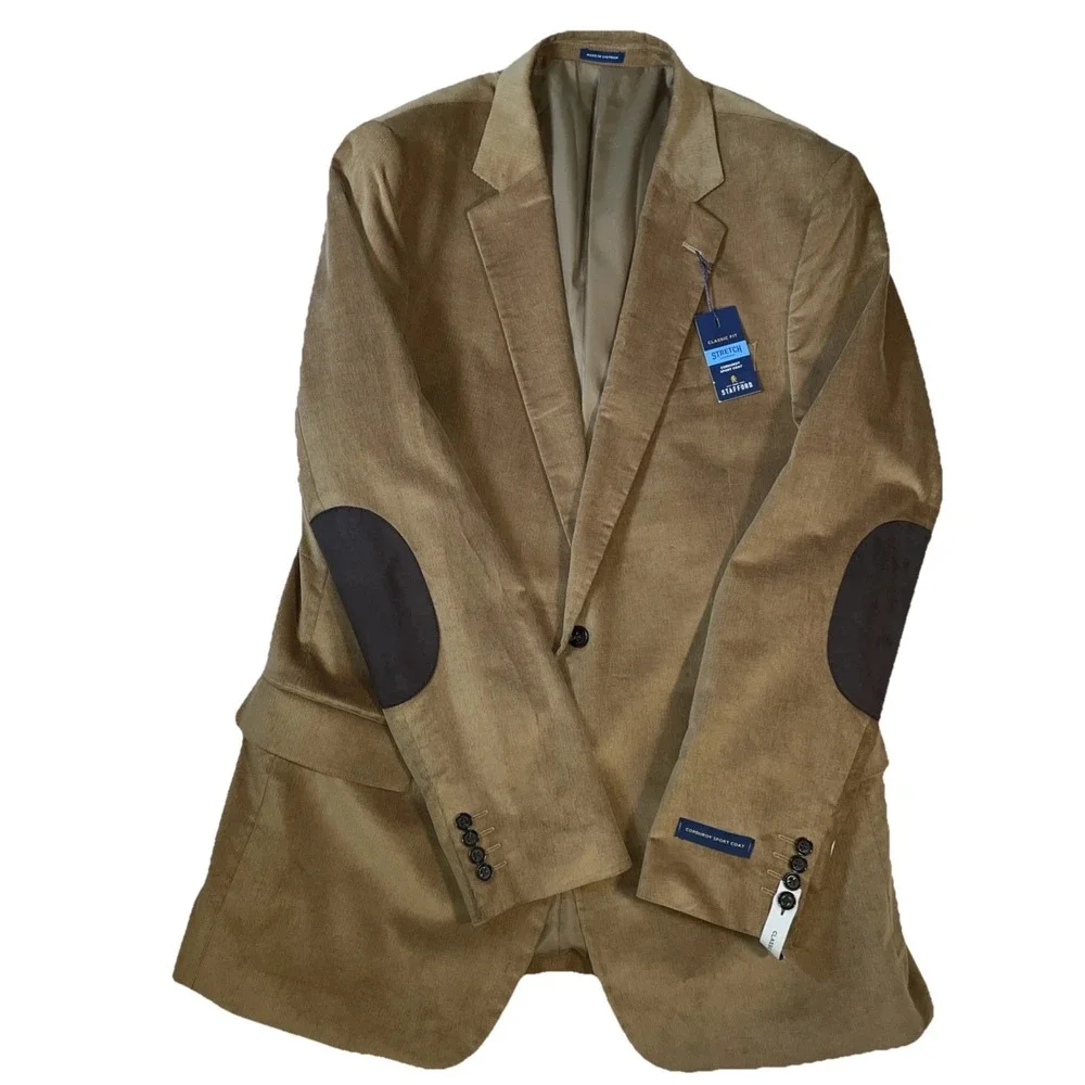NWT Stafford Corduroy Sport Coat Mens 48 Long Stafford Tan Classic Fit Stretch
